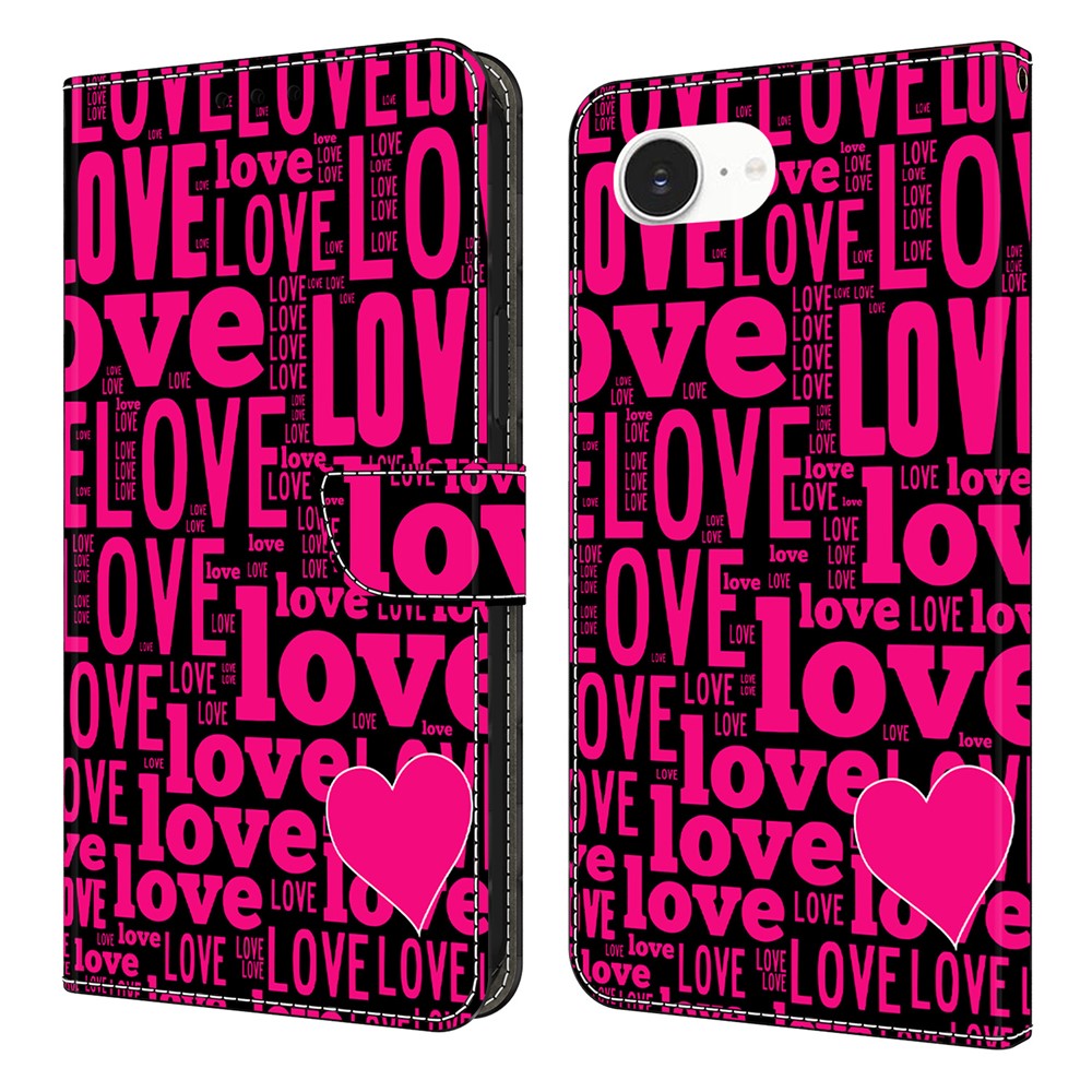 For iPhone 16e Wallet Case Pattern Printing PU Leather Flip Stand Phone Cover - LOVE