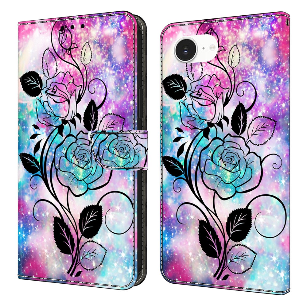For iPhone 16e Wallet Case Pattern Printing PU Leather Flip Stand Phone Cover - Pen Drawing Rose