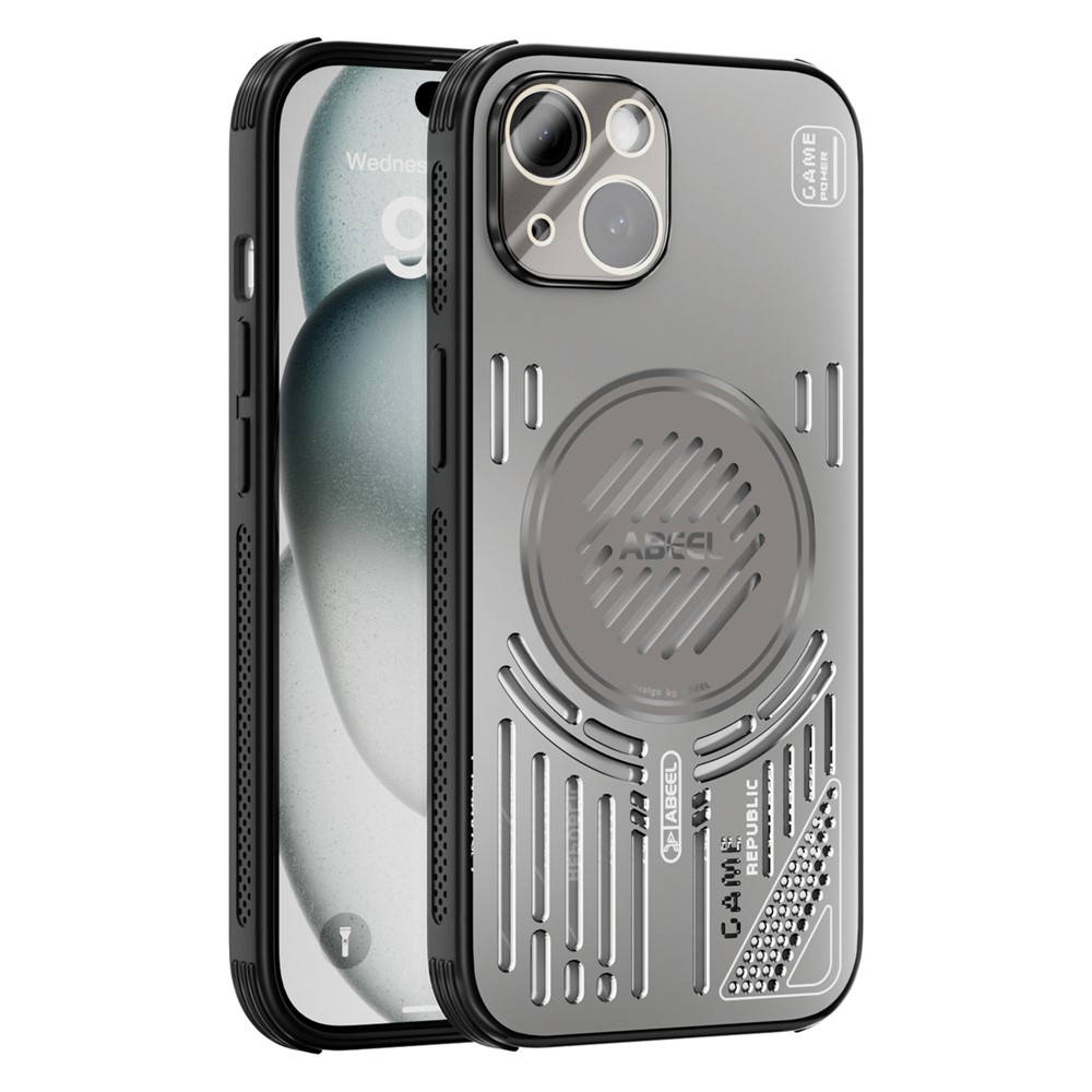 ABEEL For iPhone 15 Magnetic Case Aluminium Alloy + PC + TPU Hollow Heat Dissipation Phone Cover - Titanium Grey