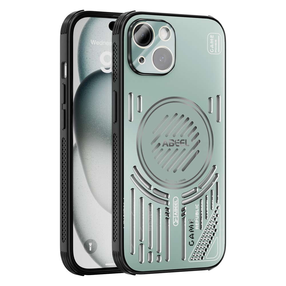 ABEEL For iPhone 15 Magnetic Case Aluminium Alloy + PC + TPU Hollow Heat Dissipation Phone Cover - Light Green