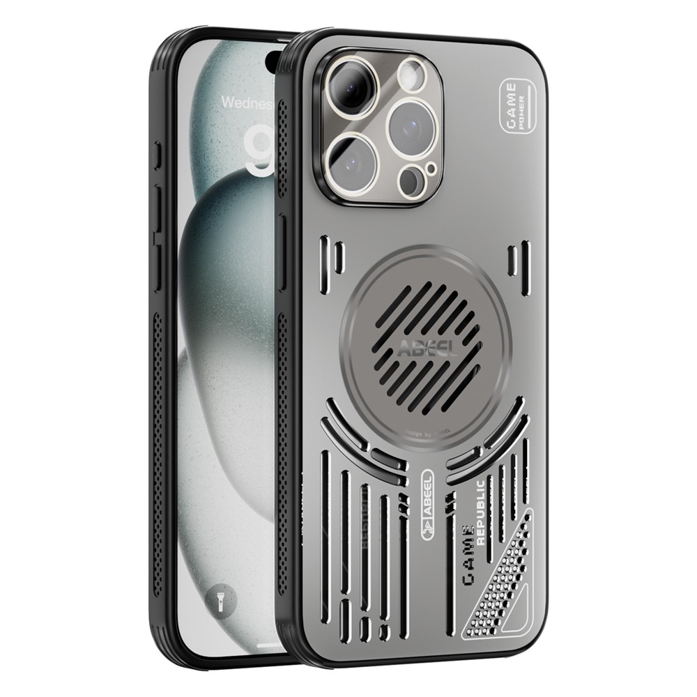 ABEEL For iPhone 15 Pro Max Magnetic Case Aluminium Alloy + PC + TPU Hollow Heat Dissipation Phone Cover - Titanium Grey