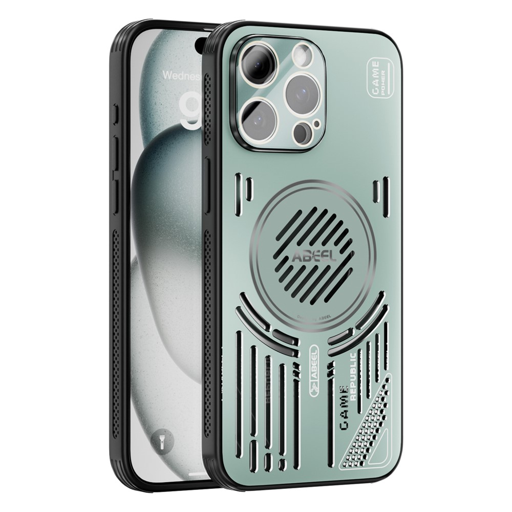ABEEL For iPhone 15 Pro Max Magnetic Case Aluminium Alloy + PC + TPU Hollow Heat Dissipation Phone Cover - Light Green