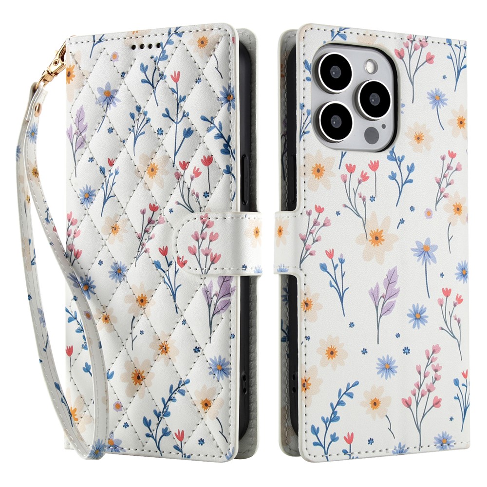For iPhone 16 Pro Max Wallet Case Rhombic Floral Design Leather Flip Phone Cover with Strap - A2