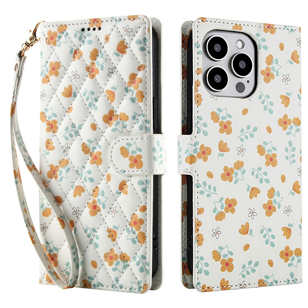 For iPhone 16 Pro Max Wallet Case Rhombic Floral Design Leather Flip Phone Cover with Strap - A3