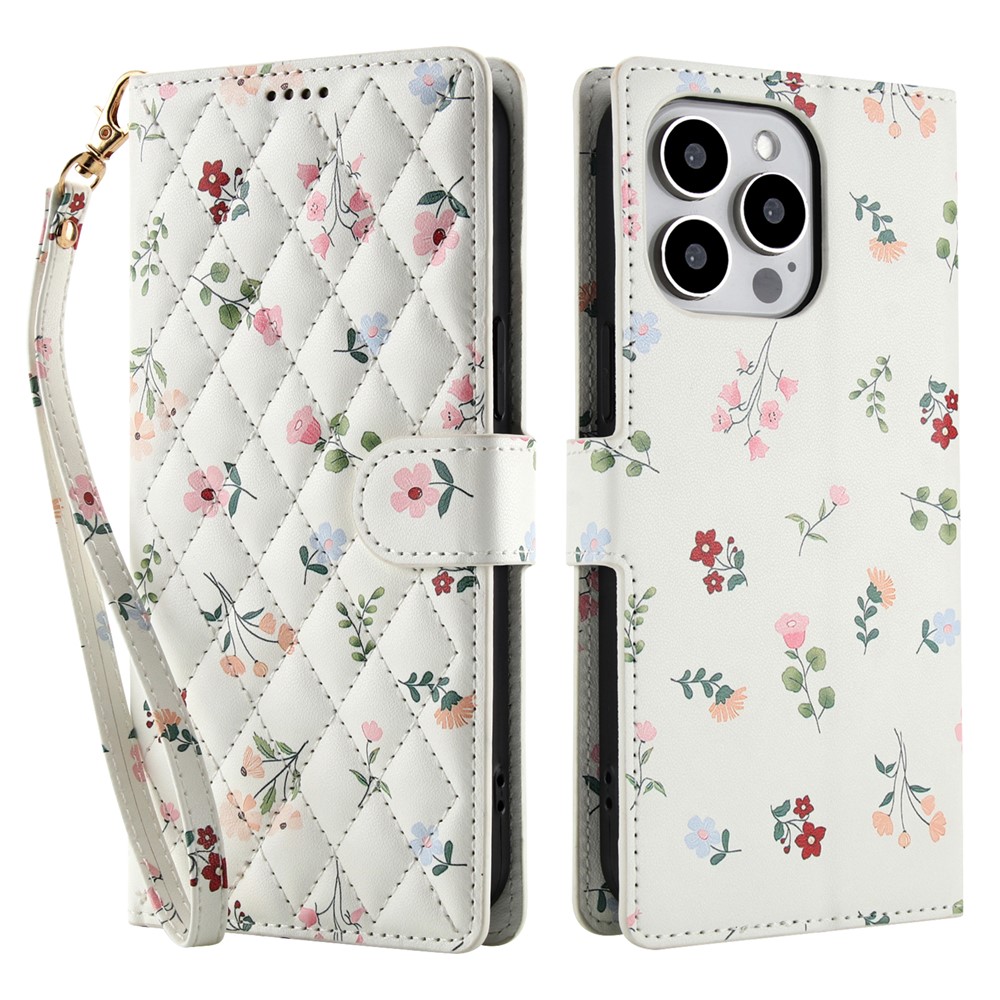For iPhone 16 Pro Wallet Case Rhombic Floral Design Leather Flip Phone Cover with Strap - A1