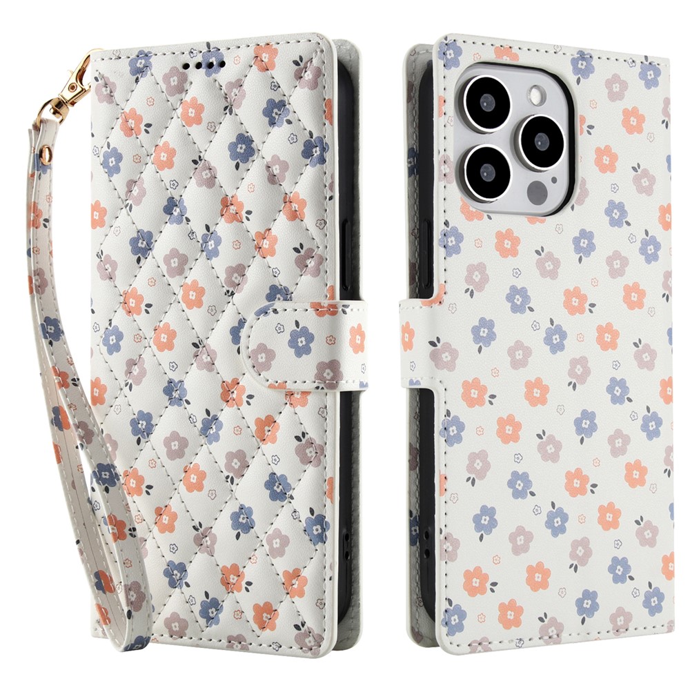 For iPhone 16 Pro Wallet Case Rhombic Floral Design Leather Flip Phone Cover with Strap - A4
