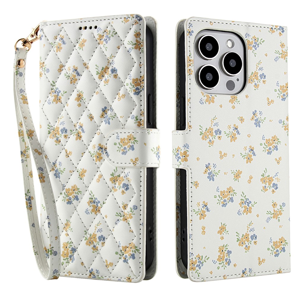 For iPhone 16 Pro Wallet Case Rhombic Floral Design Leather Flip Phone Cover with Strap - A5
