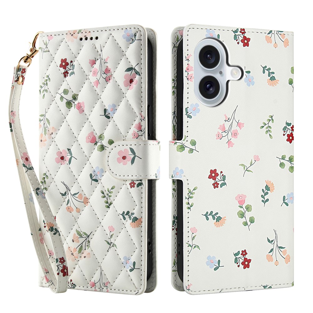 For iPhone 16 Plus Wallet Case Rhombic Floral Design Leather Flip Phone Cover with Strap - A1