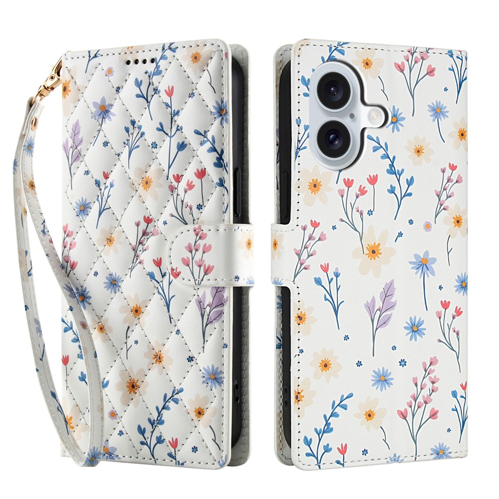 For iPhone 16 Plus Wallet Case Rhombic Floral Design Leather Flip Phone Cover with Strap - A2