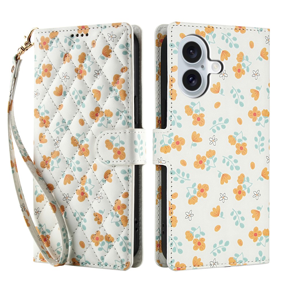 For iPhone 16 Plus Wallet Case Rhombic Floral Design Leather Flip Phone Cover with Strap - A3