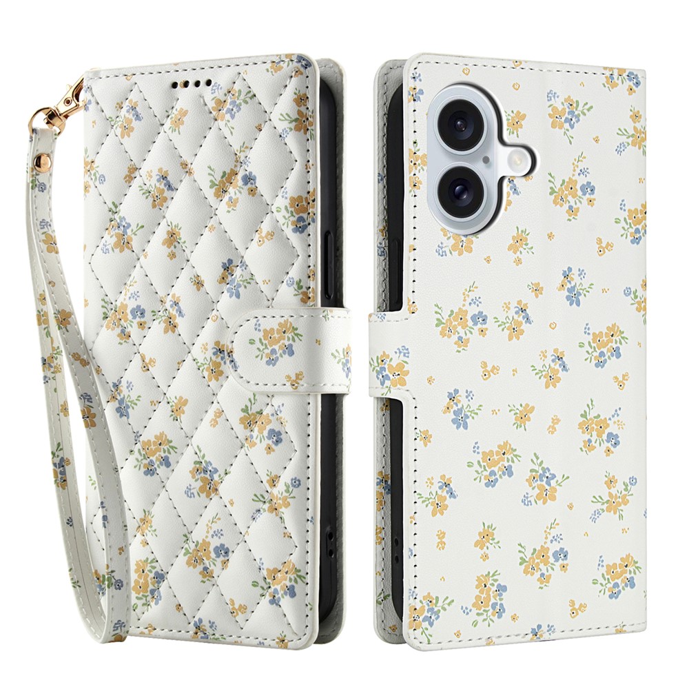 For iPhone 16 Plus Wallet Case Rhombic Floral Design Leather Flip Phone Cover with Strap - A5
