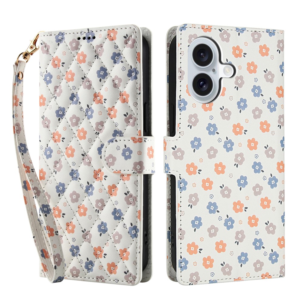 For iPhone 16 Plus Wallet Case Rhombic Floral Design Leather Flip Phone Cover with Strap - A4