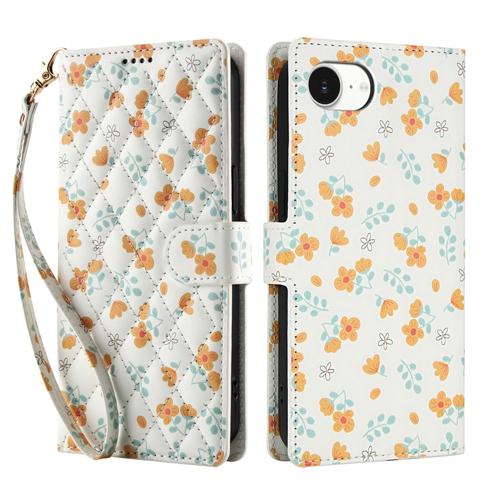For iPhone 16e Wallet Case Rhombic Floral Design Leather Flip Phone Cover with Strap - A3