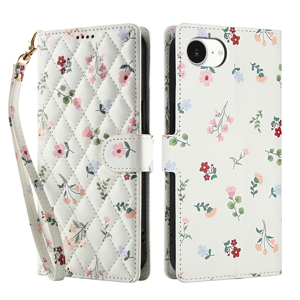 For iPhone 16e Wallet Case Rhombic Floral Design Leather Flip Phone Cover with Strap - A1