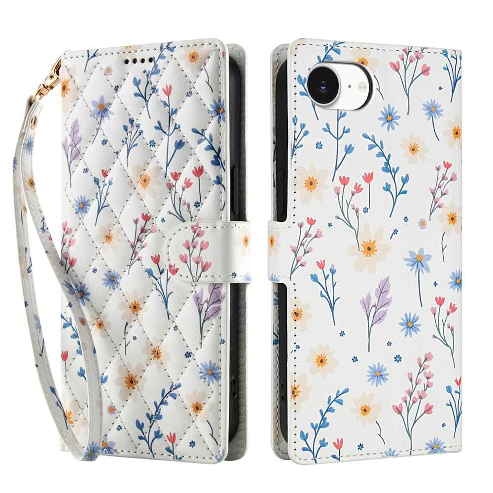 For iPhone 16e Wallet Case Rhombic Floral Design Leather Flip Phone Cover with Strap - A2