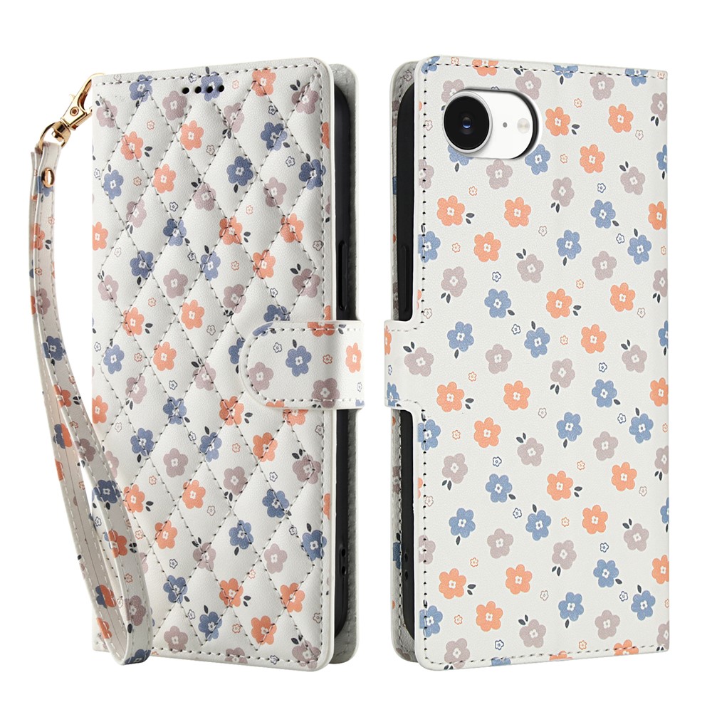 For iPhone 16e Wallet Case Rhombic Floral Design Leather Flip Phone Cover with Strap - A4