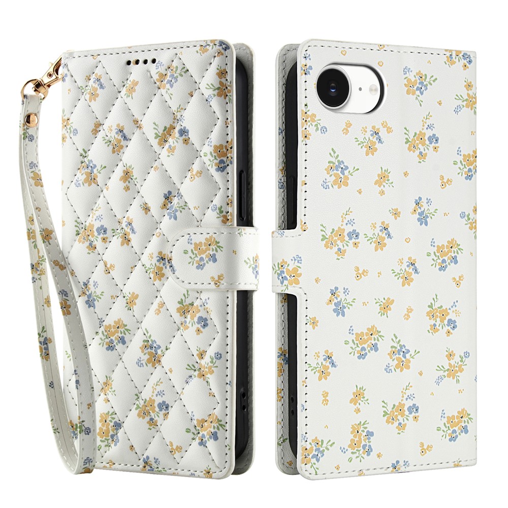 For iPhone 16e Wallet Case Rhombic Floral Design Leather Flip Phone Cover with Strap - A5