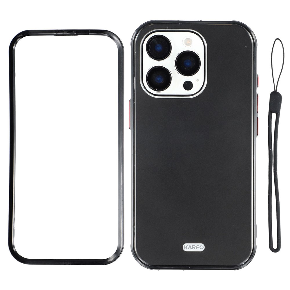 KARFO For iPhone 16 Pro Magnetic Case TPU PC Waterproof Phone Cover with Lanyard - Black