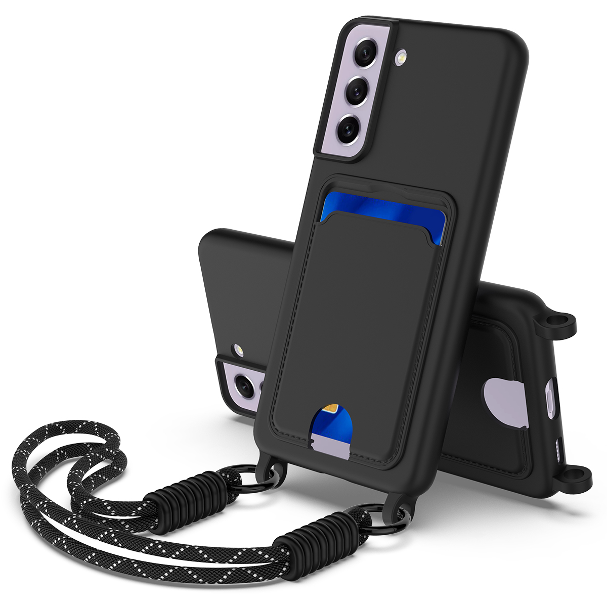 For Samsung Galaxy S21 FE 5G Liquid Silicone Case  Phone Back Cover with Card Holder and Short Strap - Black