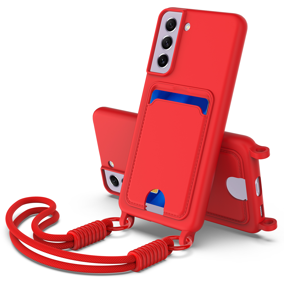 For Samsung Galaxy S21 FE 5G Liquid Silicone Case  Phone Back Cover with Card Holder and Short Strap - Red