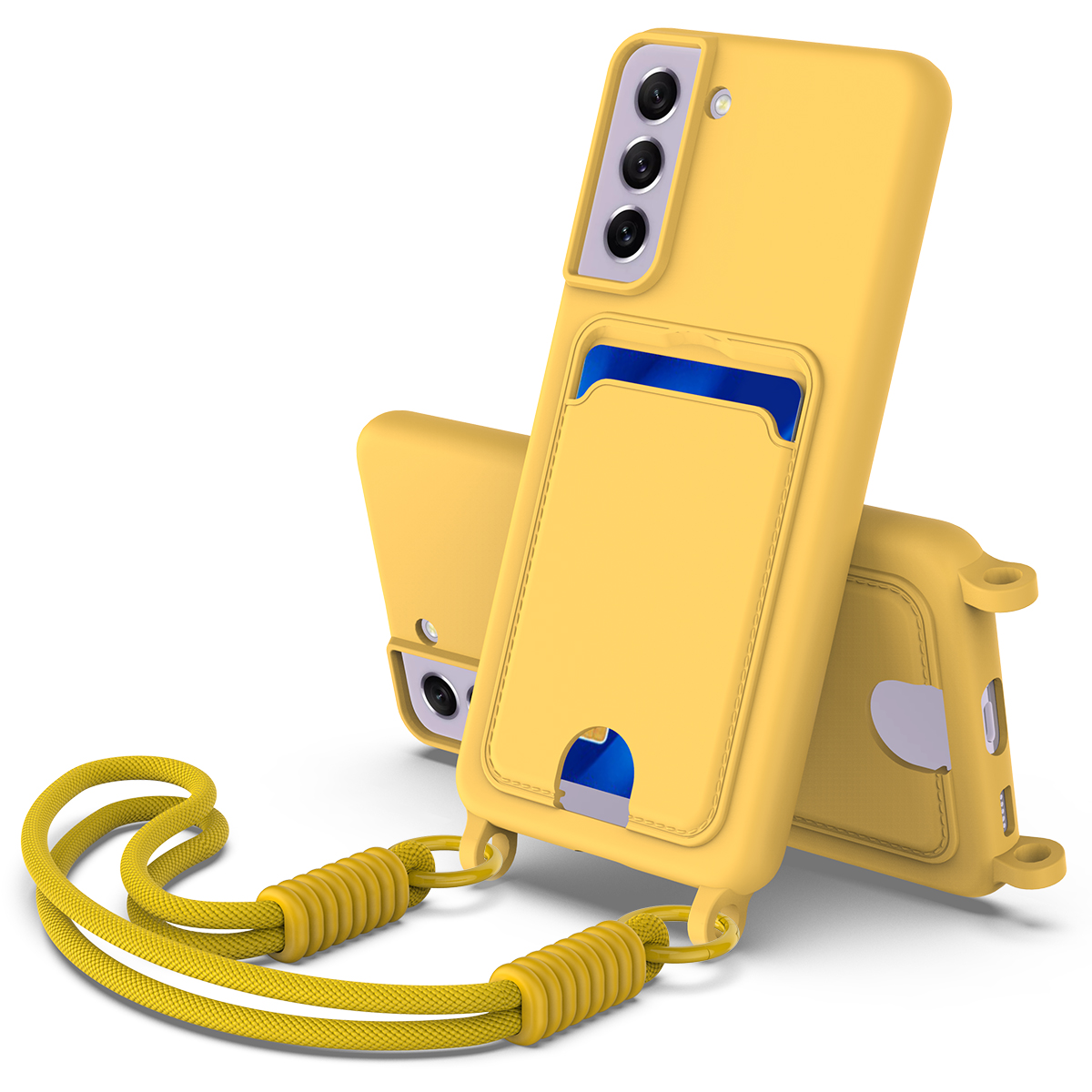 For Samsung Galaxy S21 FE 5G Liquid Silicone Case Phone Back Cover with Card Holder and Short Strap - Yellow