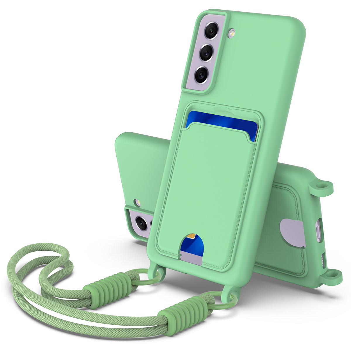 For Samsung Galaxy S21 FE 5G Liquid Silicone Case Phone Back Cover with Card Holder and Short Strap - Green