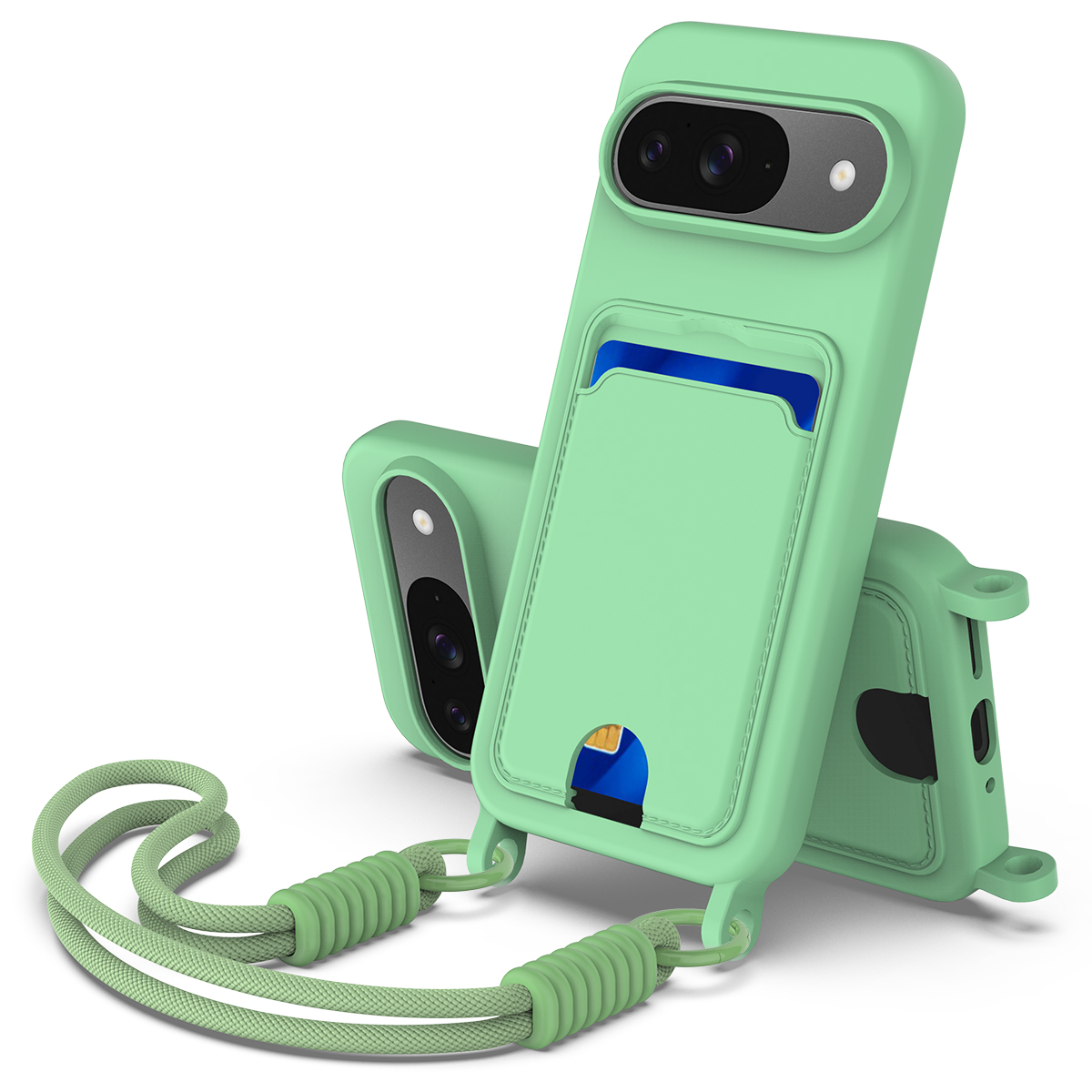 For Google Pixel 9 Liquid Silicone Case  Phone Back Cover with Card Holder and Short Strap - Green