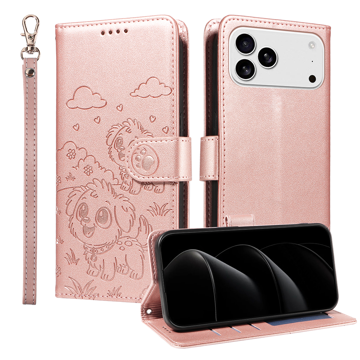For iPhone 17 Pro Max Case RFID Blocking Imprinted Dog Pattern PU Leather Phone Cover with Wrist Strap - Pink