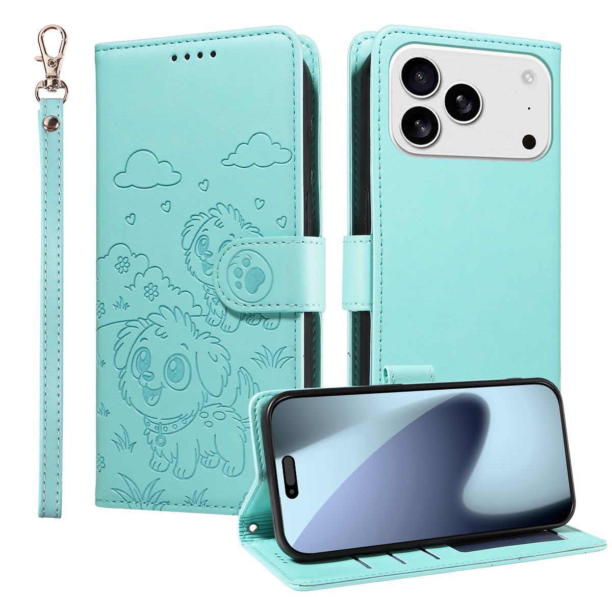 For iPhone 17 Pro Case RFID Blocking Imprinted Dog Pattern PU Leather Phone Cover with Wrist Strap - Green