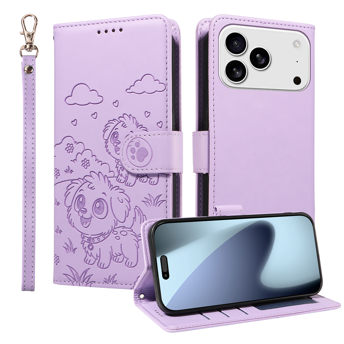 For iPhone 17 Pro Case RFID Blocking Imprinted Dog Pattern PU Leather Phone Cover with Wrist Strap - Purple