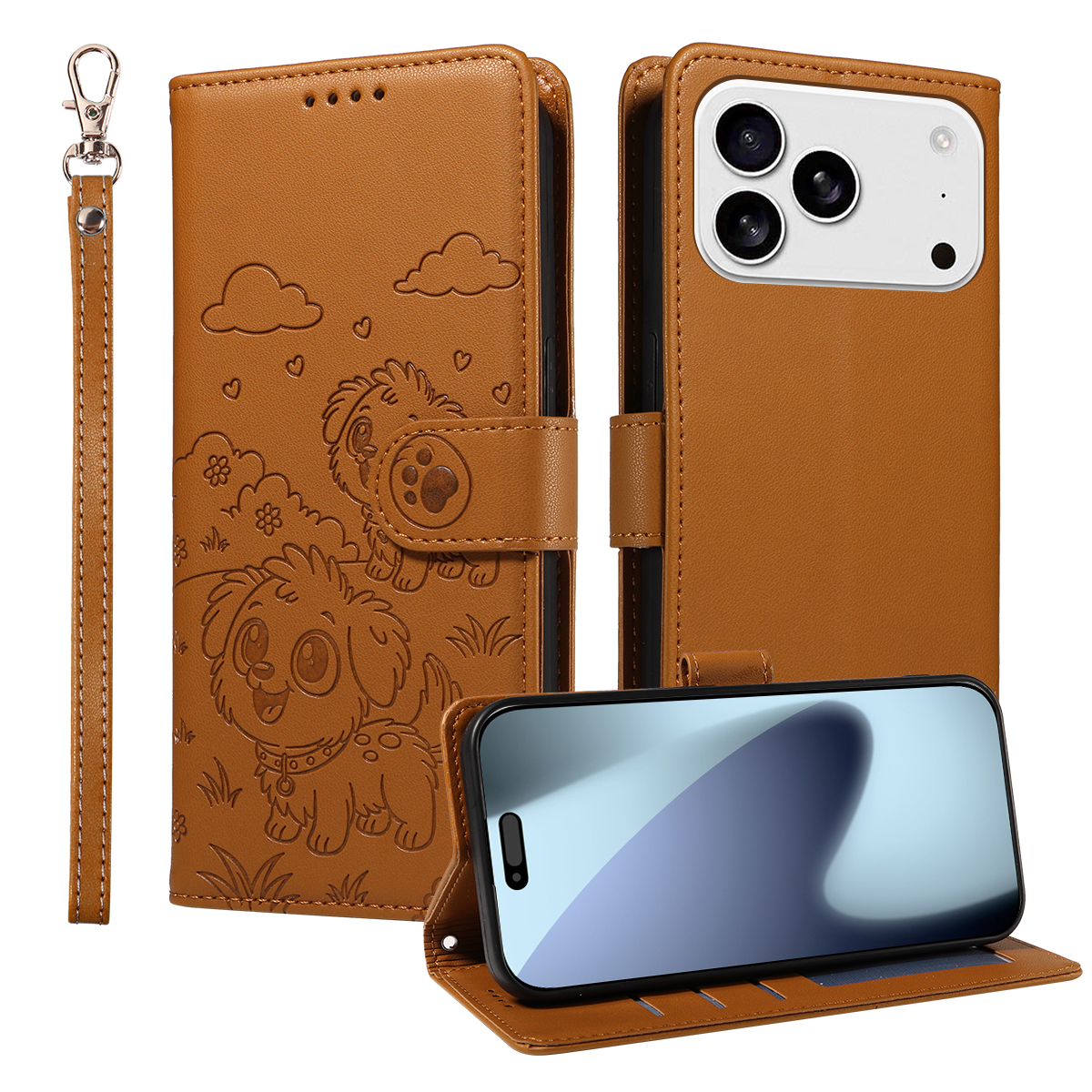 For iPhone 17 Pro Case RFID Blocking Imprinted Dog Pattern PU Leather Phone Cover with Wrist Strap - Brown
