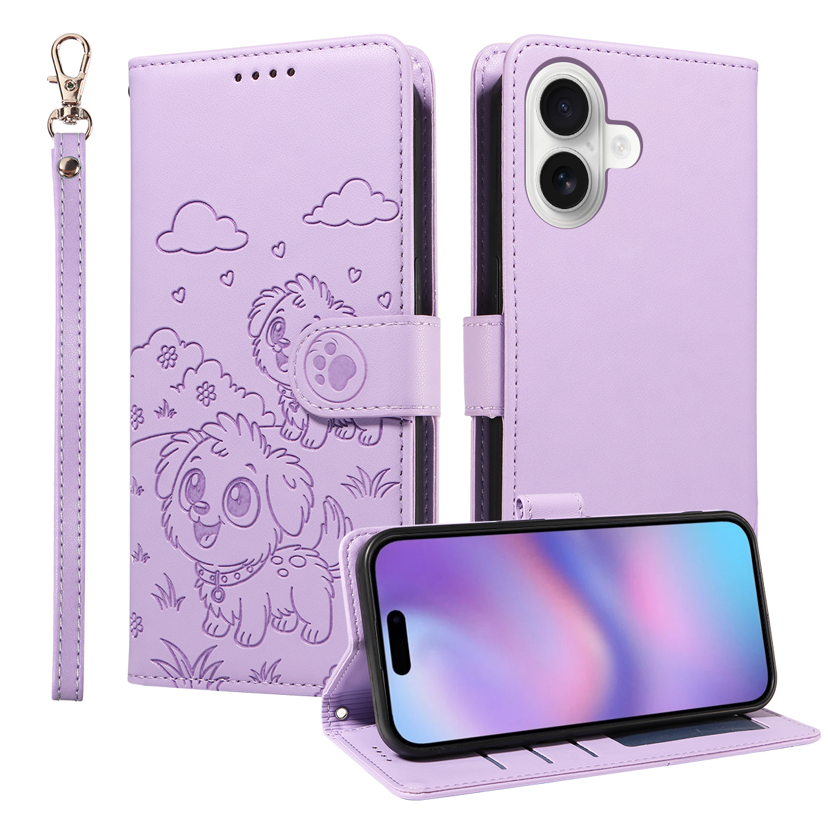 For iPhone 17 Case RFID Blocking Imprinted Dog Pattern PU Leather Phone Cover with Wrist Strap - Purple