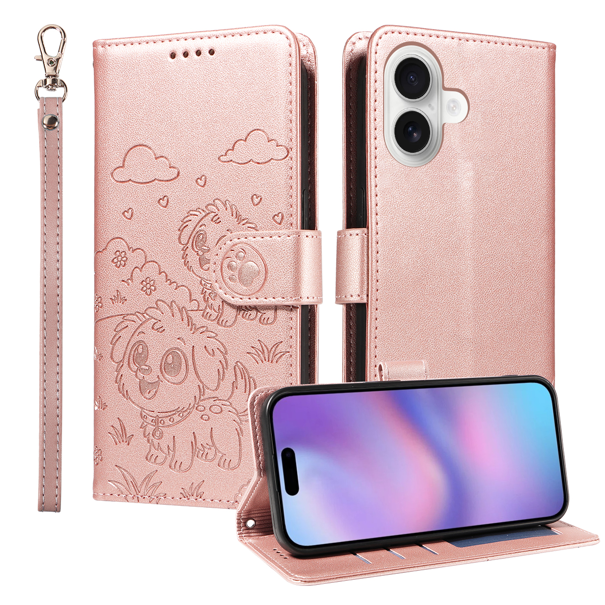 For iPhone 17 Case RFID Blocking Imprinted Dog Pattern PU Leather Phone Cover with Wrist Strap - Pink