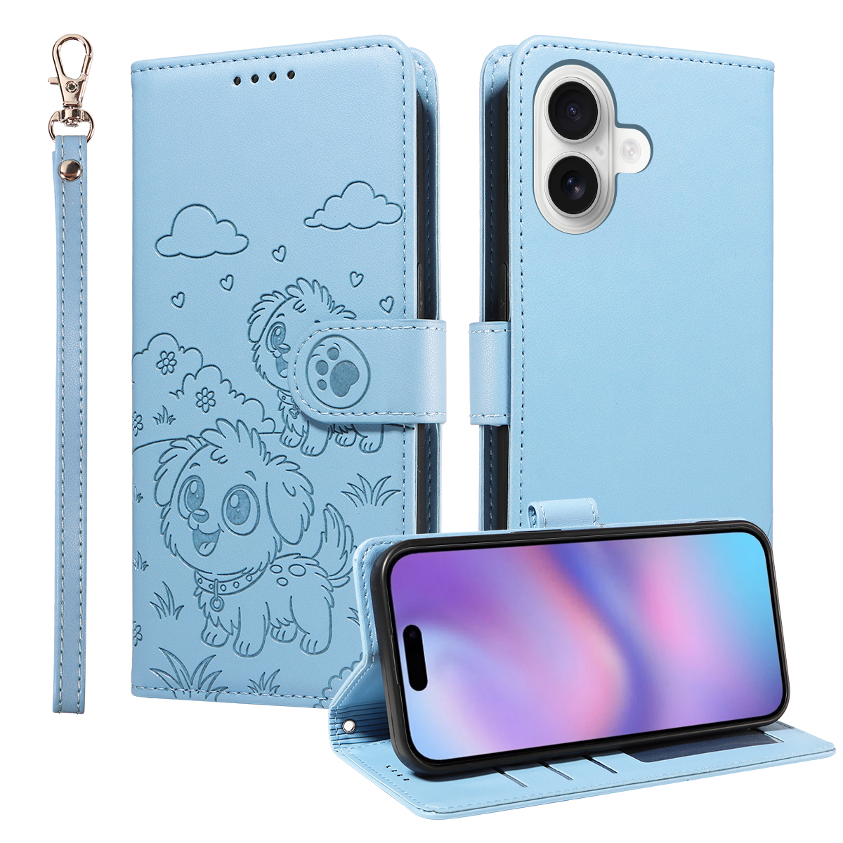 For iPhone 17 Case RFID Blocking Imprinted Dog Pattern PU Leather Phone Cover with Wrist Strap - Blue