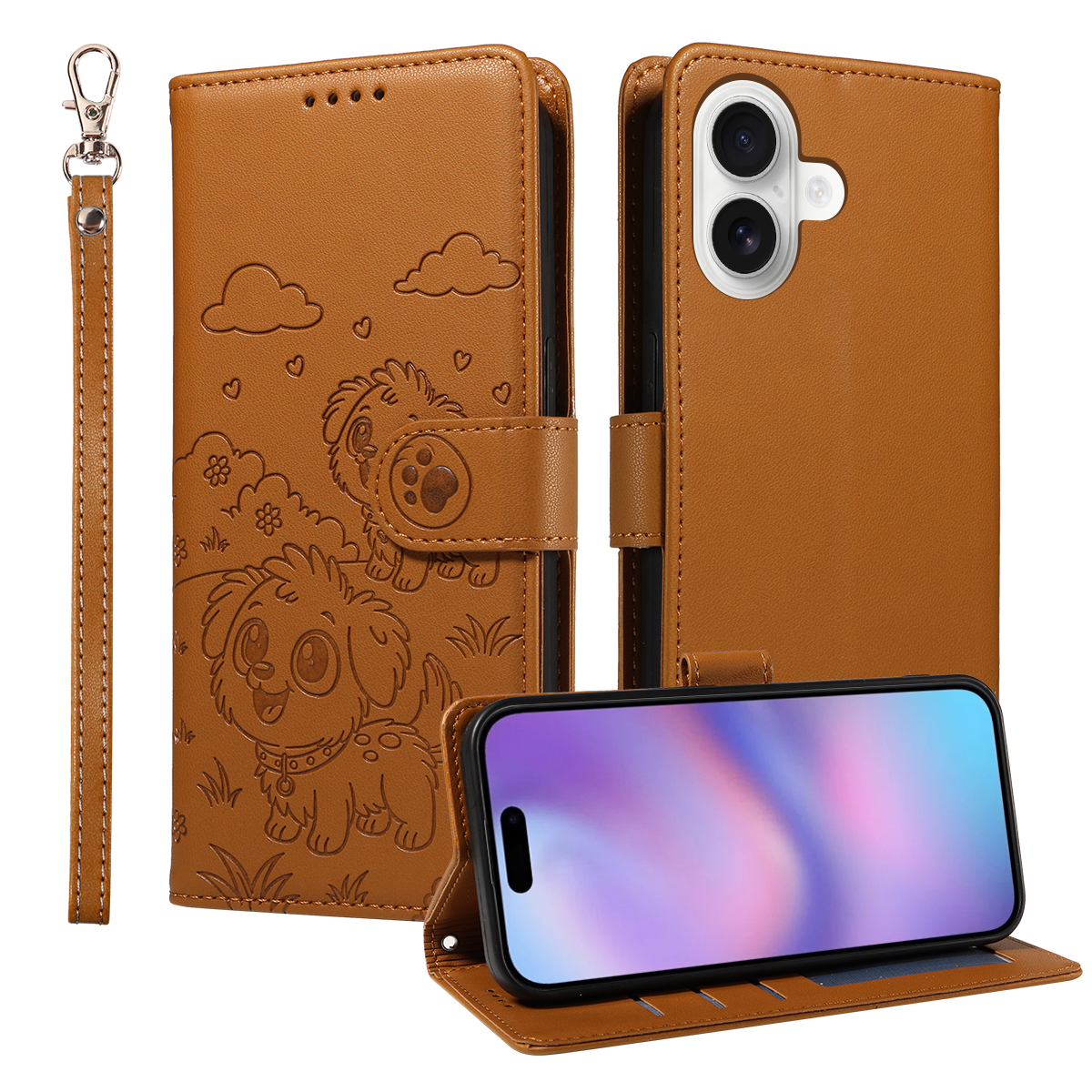 For iPhone 17 Case RFID Blocking Imprinted Dog Pattern PU Leather Phone Cover with Wrist Strap - Brown
