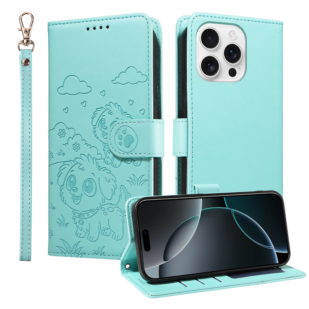 For iPhone 16 Pro Max Case RFID Blocking Imprinted Dog Pattern PU Leather Phone Cover with Wrist Strap - Green