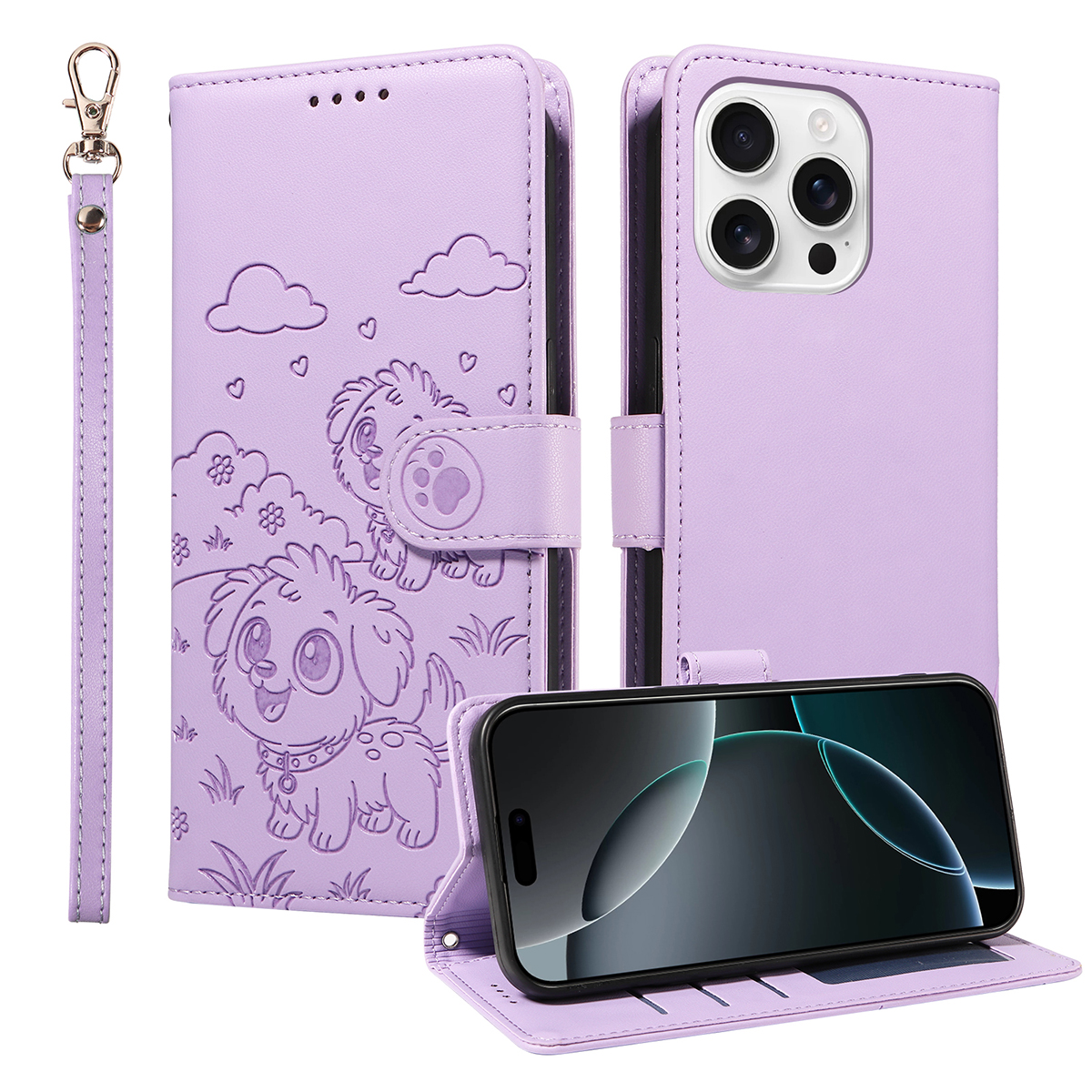 For iPhone 16 Pro Max Case RFID Blocking Imprinted Dog Pattern PU Leather Phone Cover with Wrist Strap - Purple