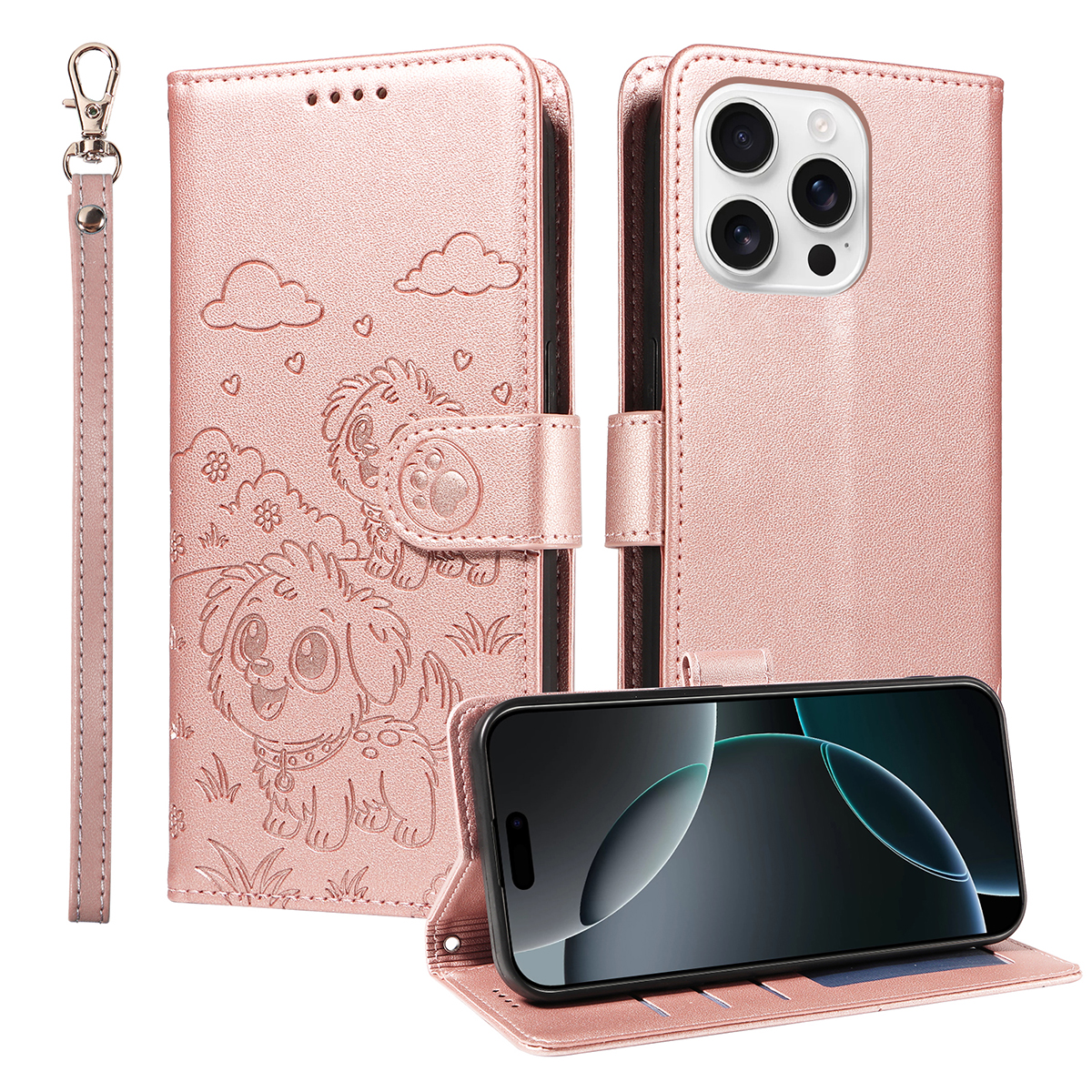 For iPhone 16 Pro Max Case RFID Blocking Imprinted Dog Pattern PU Leather Phone Cover with Wrist Strap - Pink