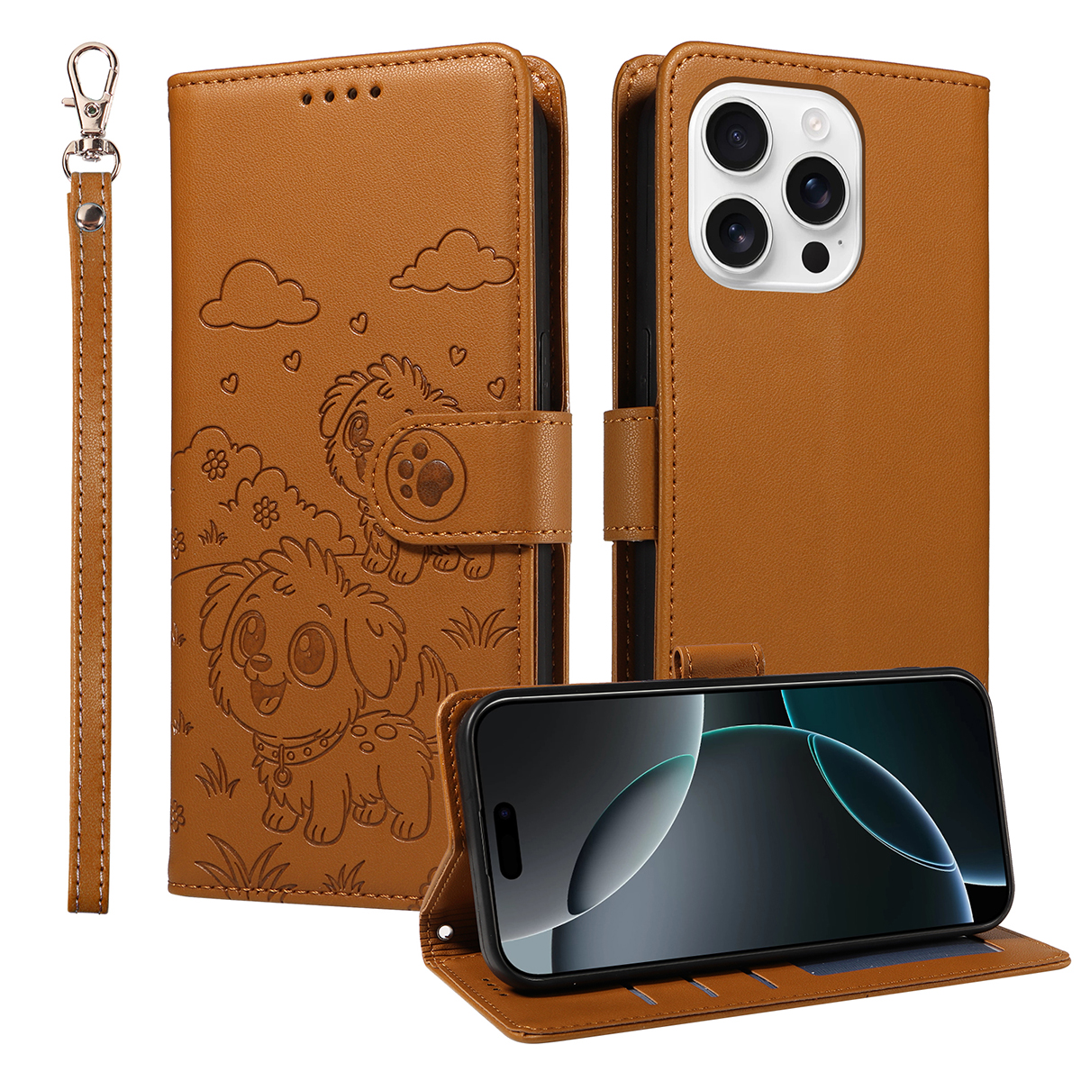 For iPhone 16 Pro Max Case RFID Blocking Imprinted Dog Pattern PU Leather Phone Cover with Wrist Strap - Brown