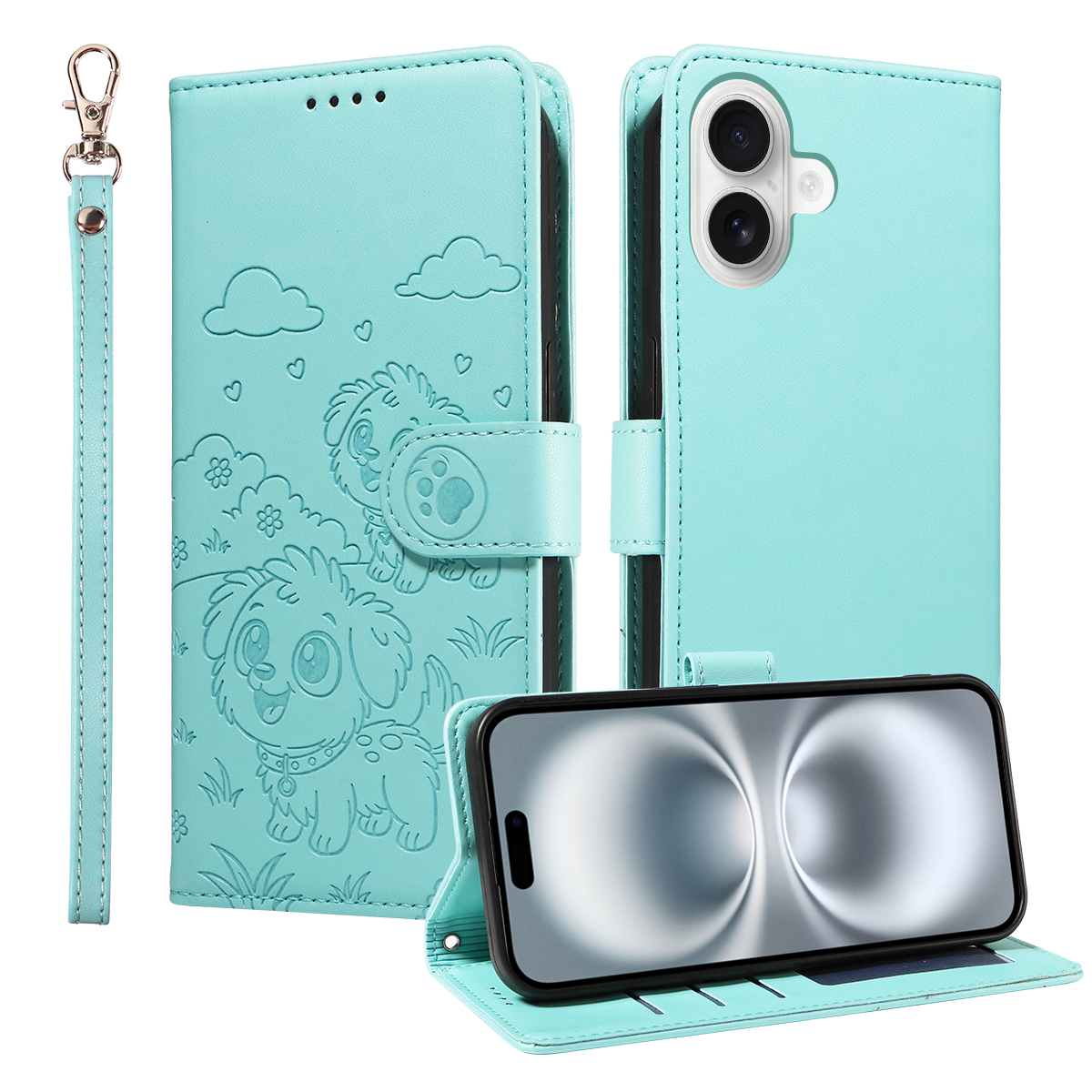 For iPhone 16 Plus Case RFID Blocking Imprinted Dog Pattern PU Leather Phone Cover with Wrist Strap - Green