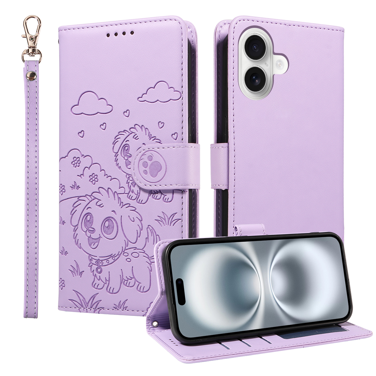 For iPhone 16 Plus Case RFID Blocking Imprinted Dog Pattern PU Leather Phone Cover with Wrist Strap - Purple