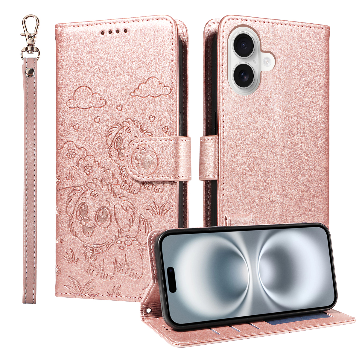 For iPhone 16 Plus Case RFID Blocking Imprinted Dog Pattern PU Leather Phone Cover with Wrist Strap - Pink