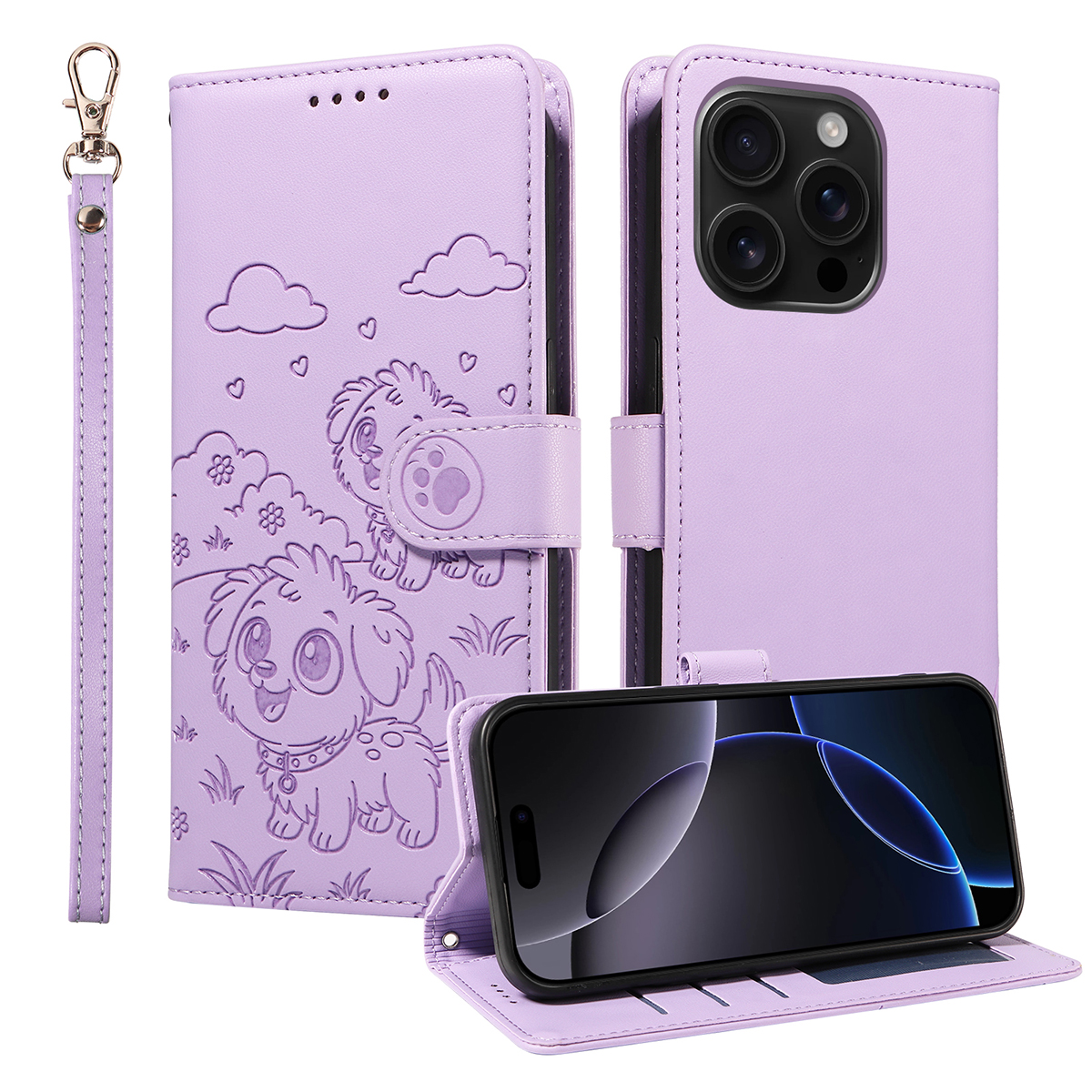 For iPhone 16 Pro Case RFID Blocking Imprinted Dog Pattern PU Leather Phone Cover with Wrist Strap - Purple