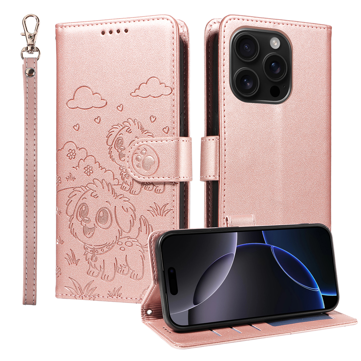 For iPhone 16 Pro Case RFID Blocking Imprinted Dog Pattern PU Leather Phone Cover with Wrist Strap - Pink