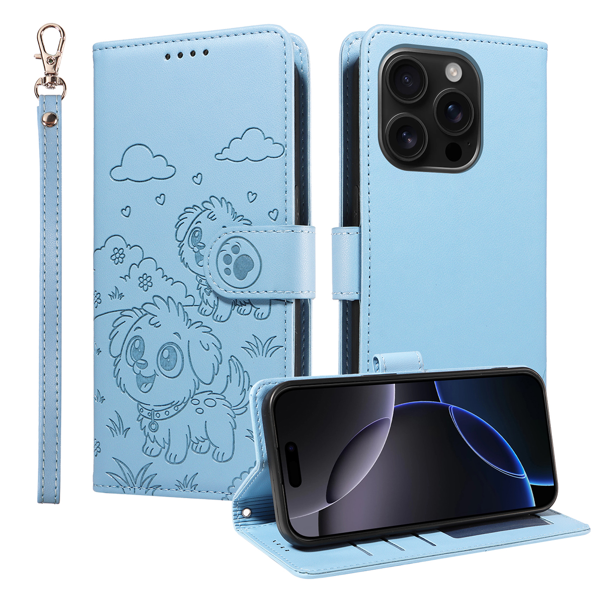 For iPhone 16 Pro Case RFID Blocking Imprinted Dog Pattern PU Leather Phone Cover with Wrist Strap - Blue