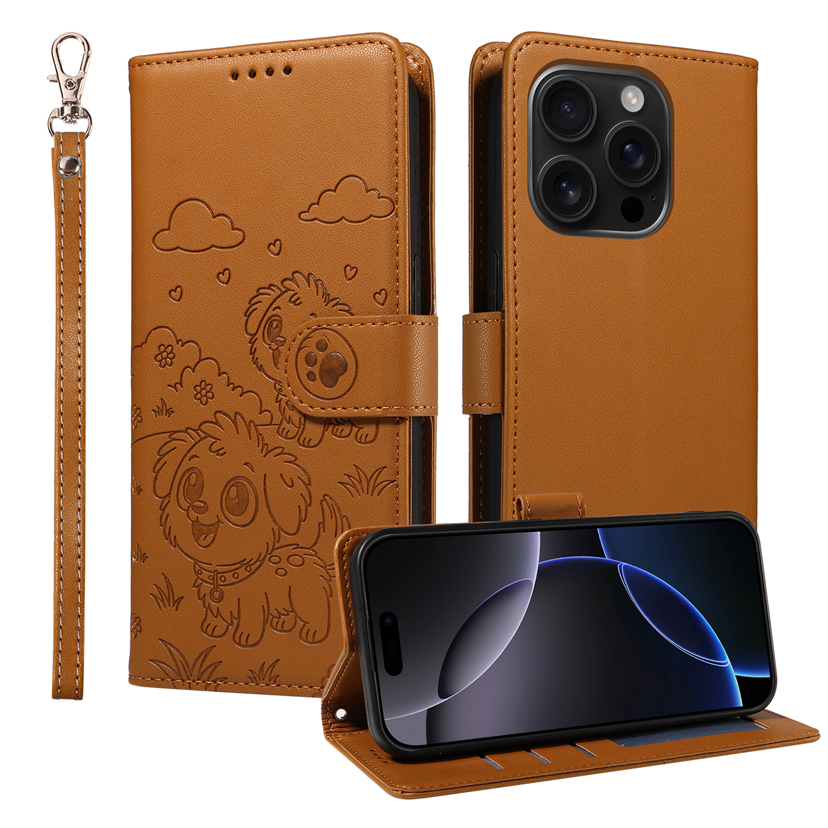 For iPhone 16 Pro Case RFID Blocking Imprinted Dog Pattern PU Leather Phone Cover with Wrist Strap - Brown
