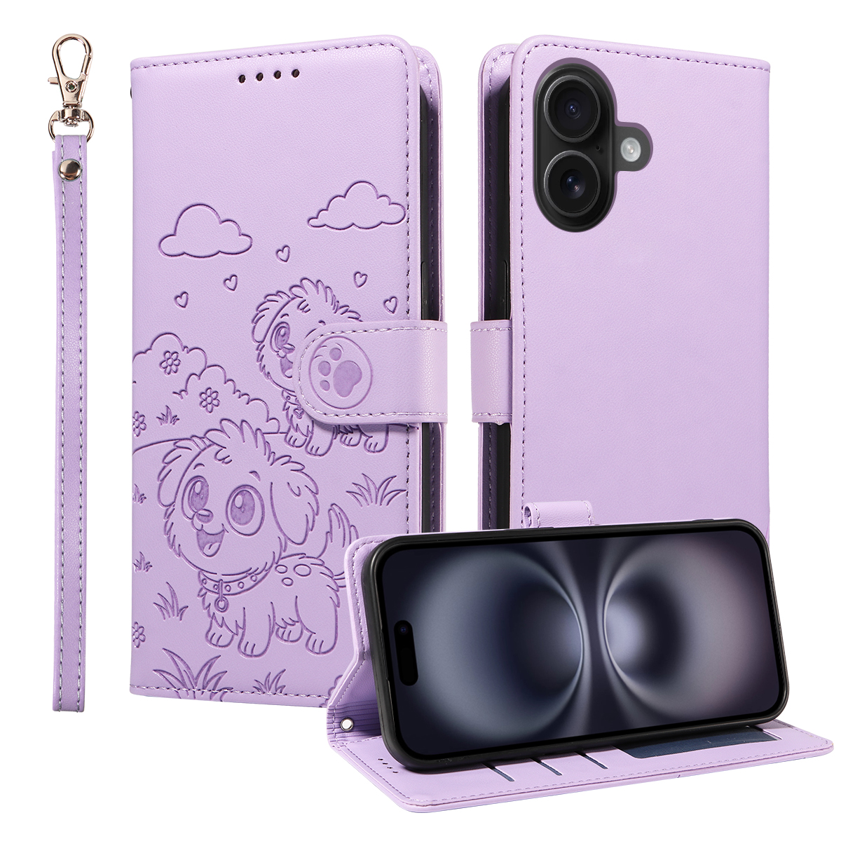 For iPhone 16 Case RFID Blocking Imprinted Dog Pattern PU Leather Phone Cover with Wrist Strap - Purple