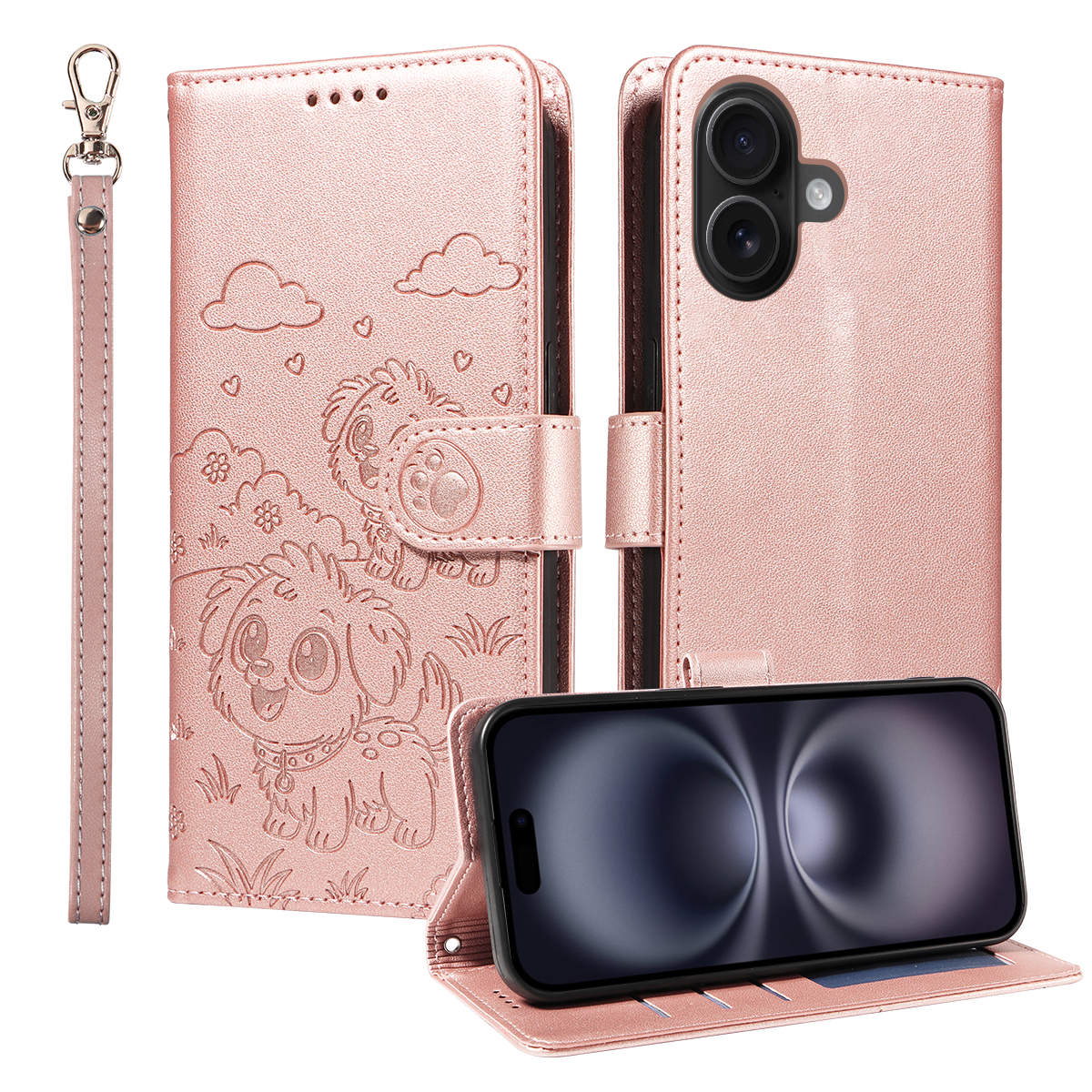 For iPhone 16 Case RFID Blocking Imprinted Dog Pattern PU Leather Phone Cover with Wrist Strap - Pink