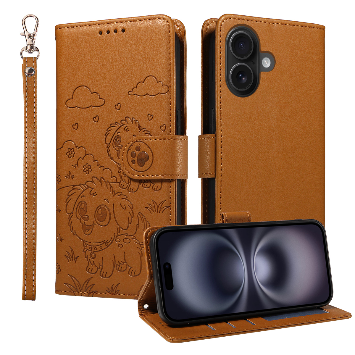 For iPhone 16 Case RFID Blocking Imprinted Dog Pattern PU Leather Phone Cover with Wrist Strap - Brown