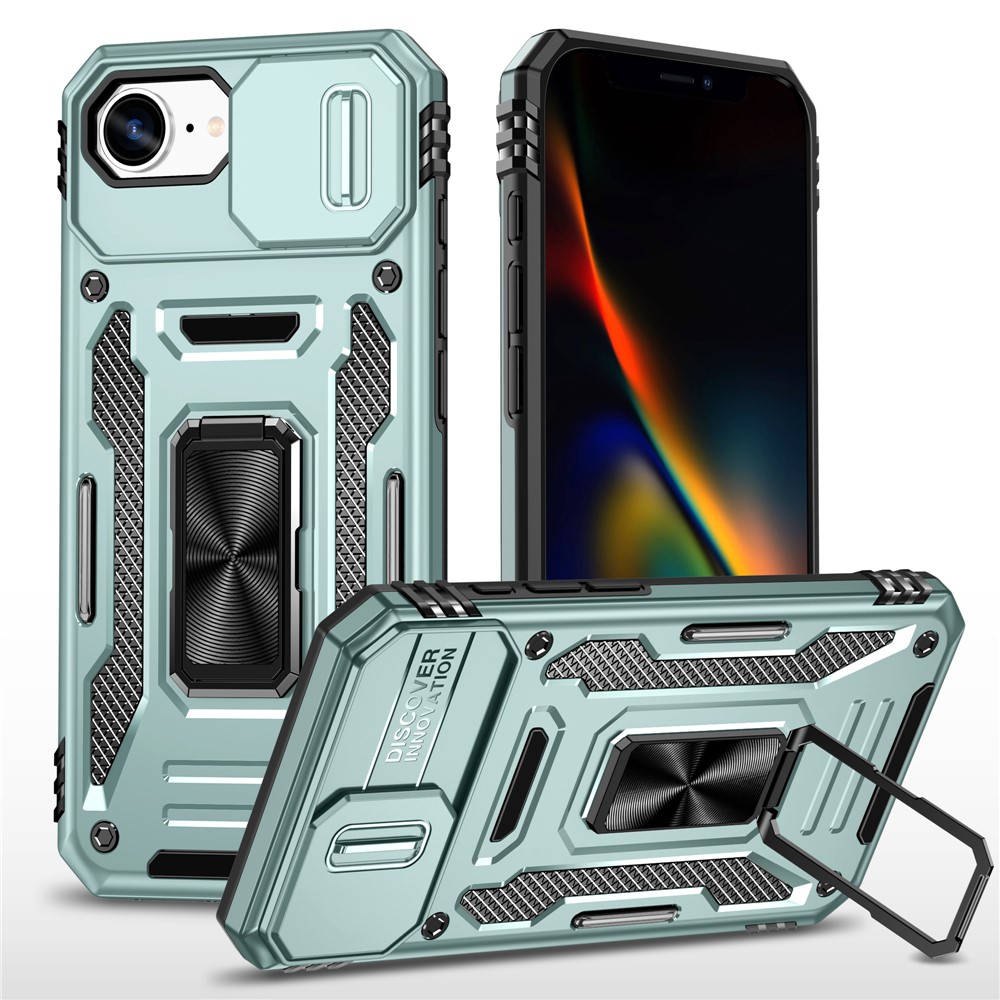 For iPhone 16e Case Kickstand Slide Lens Lid PC + TPU Drop - Green